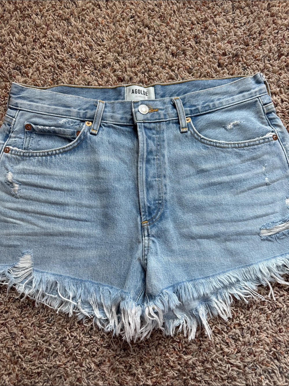 Agolde Light Wash Frayed Hem Denim Shorts